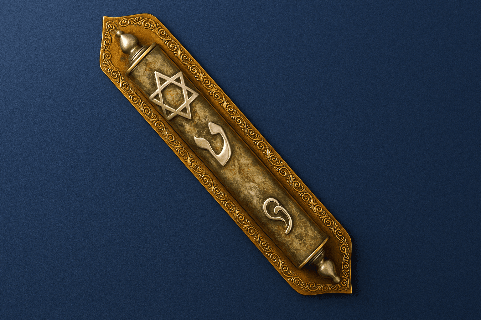 מזוזה בצבע זהב על רקע כחול