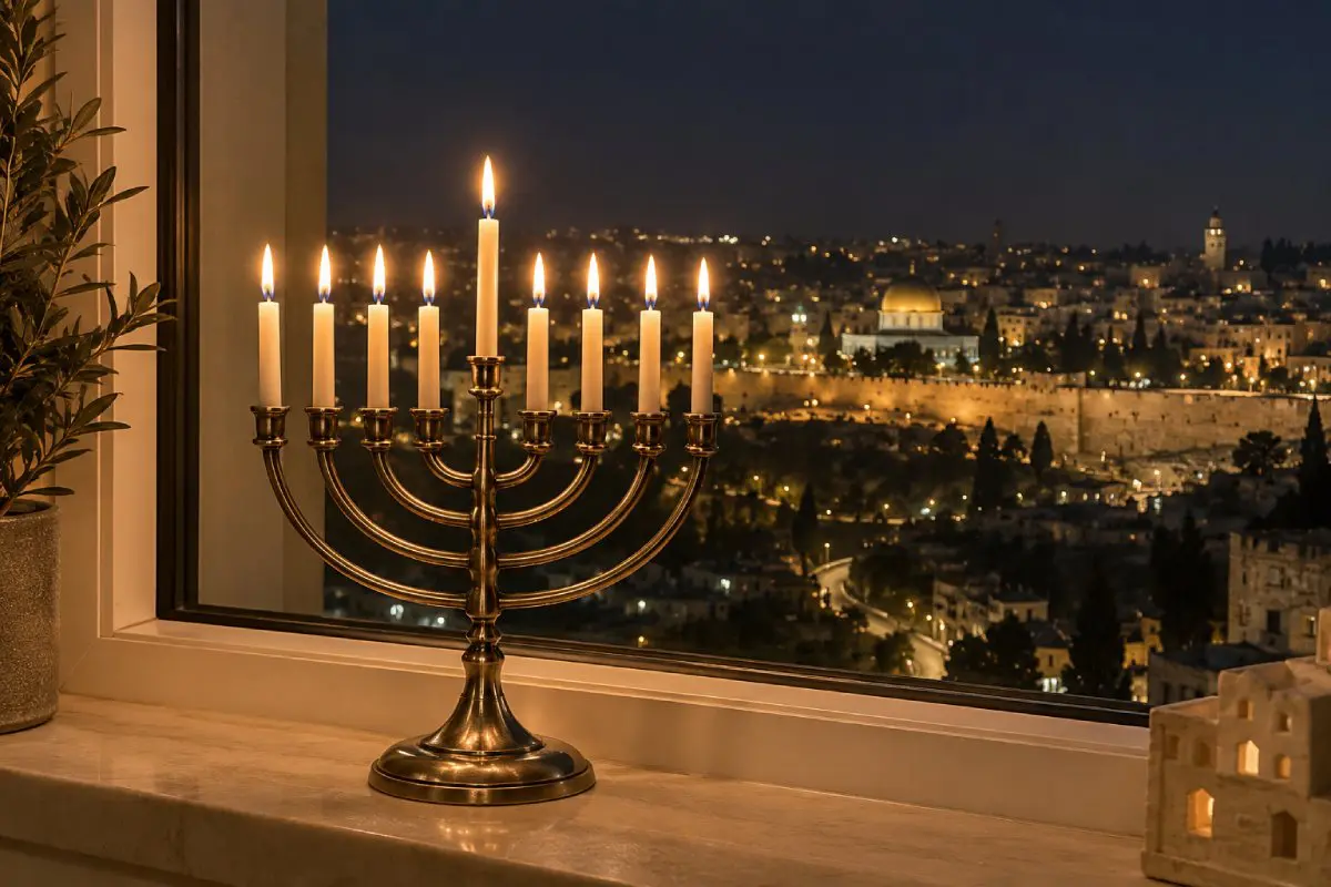 חכנוכיה עם 9 נרות על אדן החלון עם נוף לירושלים