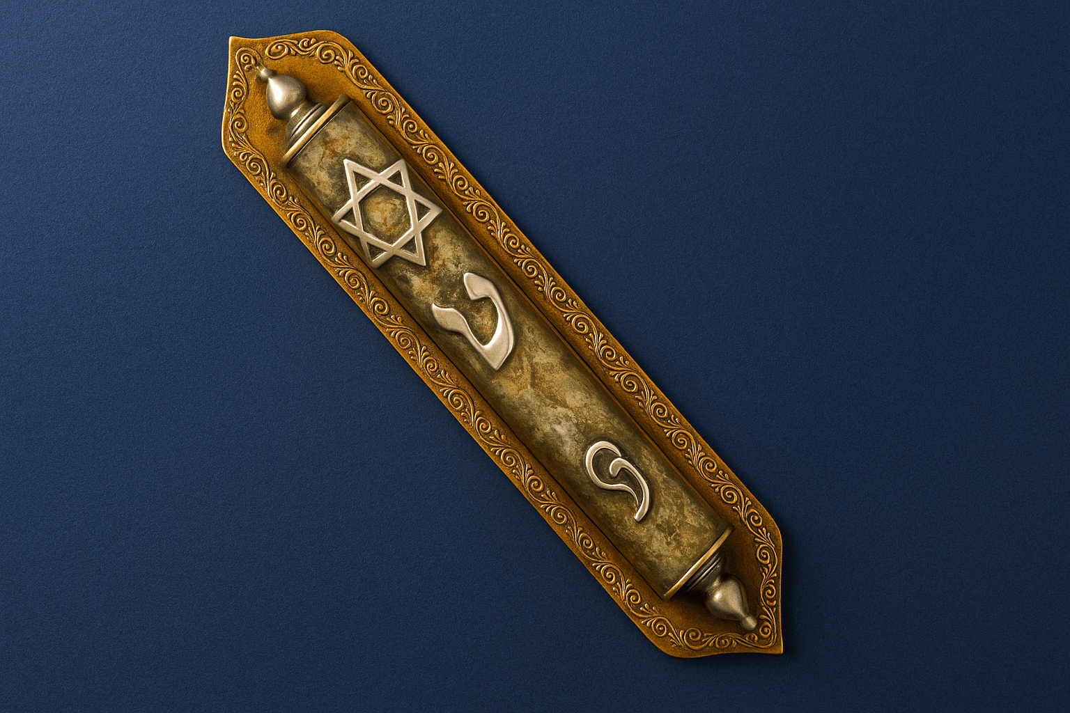 מזוזה בצבע זהב על רקע כחול